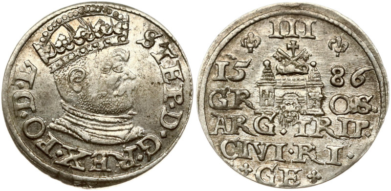Poland. Stefan Batory (1576–1586). Trojak 1586 Riga. Silver 2.47 g. Iger R.86.2....