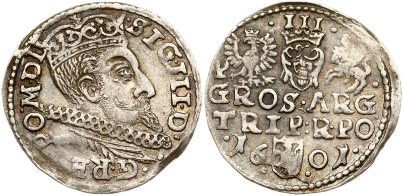 Poland. Zygmunt III Waza (1587-1632). Trojak 1601, Poznan. (the letter P at the ...
