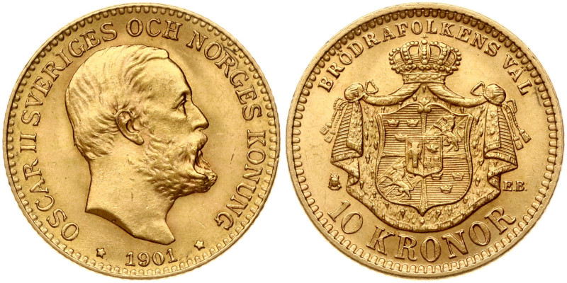 Sweden. Oscar II (1872-1907). 10 Kronor 1901 EB. Gold 4.47 g. KM 767, Fr 94b.