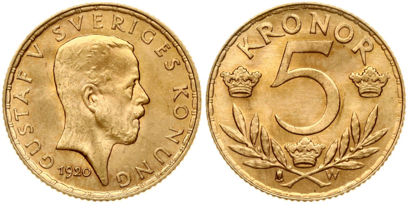 Sweden. Gustaf V (1907-1950). 5 Kronor 1920 W. Gold 2.24 g. KM 797, Fr 97. Small...