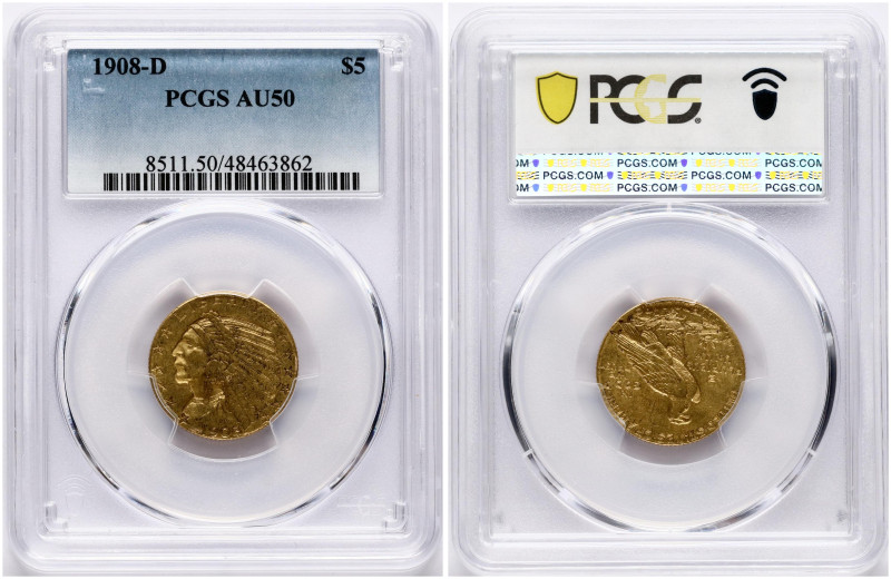 USA. 5 Dollars 1908 D, Denver. Indian Head. Gold. KM 129. PCGS AU 50.
