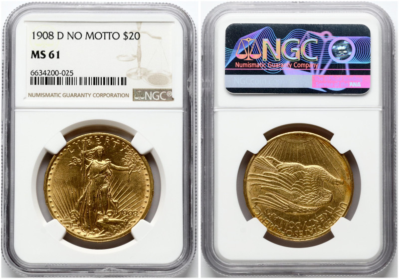 USA. 20 Dollars 1908 D, Denver - Double Eagle, no motto. Gold .900, 33.43 g. KM-...