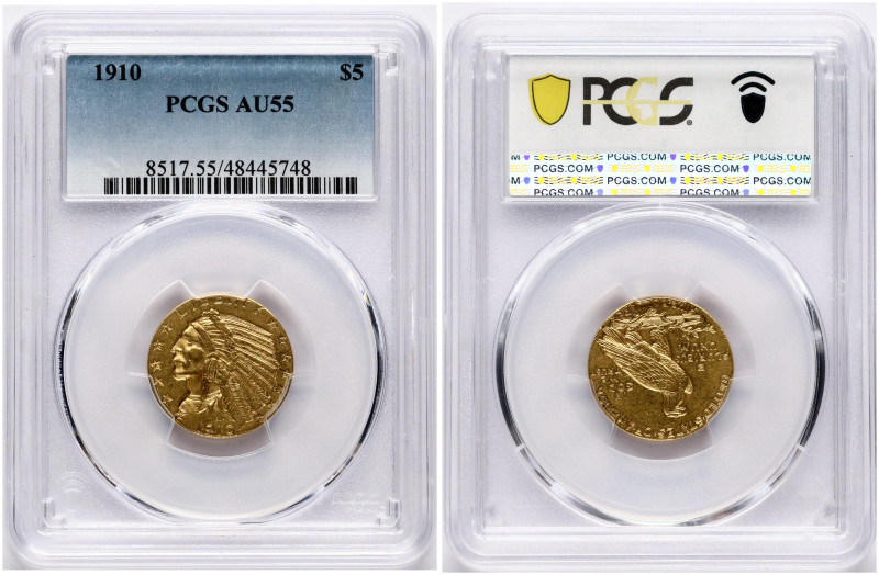 USA. 5 Dollars 1910, Philadelphia. Indian Head. Gold. KM 129. PCGS AU 55.