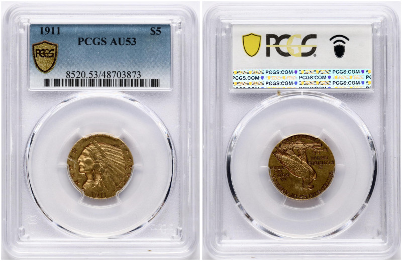 USA. 5 Dollars 1911, Philadelphia. Indian Head. Gold. KM 129. PCGS AU 53.