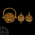 Greek Gold Ring and Earring Set with Rosettes
