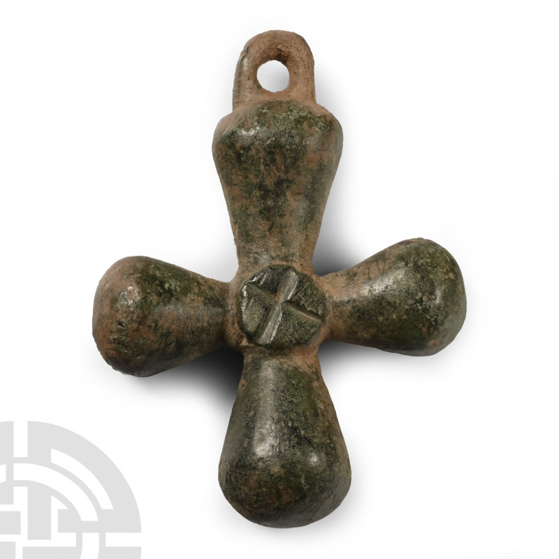 Byzantine Bronze Cross Pendant

10th-12th century A.D. Equal-arm type with sal...