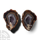 Large Cut and Polished Malawi Agate Crystal Geode Pair