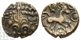 Celtic Britannia. Belgae, Unknown Ruler AV Stater. Circa 60-20 BC. Uninscribed coinage; 'Cheesefoot Head' type (SO5-6). 'Cheesefoot Head' Type