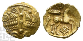 Celtic Britannia. The Trinovantes AV Quarter Stater. Circa 55-45 BC. Rowntree Fern Leaf type. Excessively Rare 'Rowntree Fern Leaf' Type
