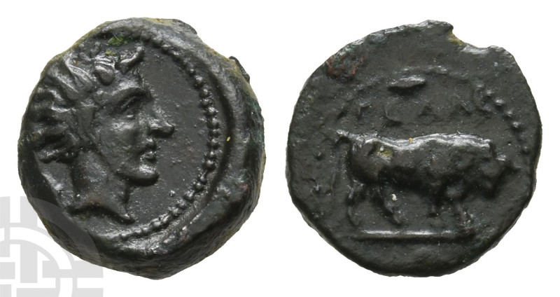 Sicily, Gela AE Onkia. Circa 420-405 BC. 

Sicily, Gela AE Onkia. Circa 420-40...
