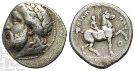 Kingdom of Macedon, Philip II AR Tetradrachm. 359-336 BC. Pella mint; struck circa 323-315 BC. Posthumous Issue. Very Rare Left-Facing Issue
