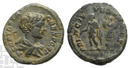 Geta as Caesar AE 'Limes Denarius'. AD 198-209. Struck at the frontiers of the empire, based on an issue minted in Rome under Septimius Severus and Ca...