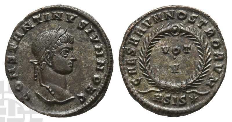 Constantine II, as Caesar BI Nummus. AD 316-337. Siscia mint; struck AD 320-321....