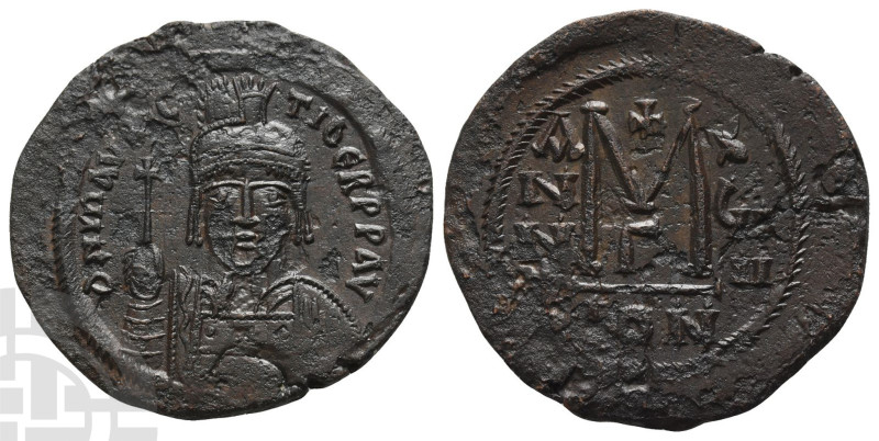 Maurice Tiberius AE 40 Nummi or Follis. AD 582-602. Constantinople mint. Dated R...