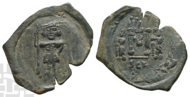 Constantine IV Pogonatus, with Heraclius and Tiberius AE 40 Nummi or Follis. AD 668-685. Syracuse mint; struck AD 677-679/80.