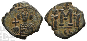 Constantine IV Pogonatus, with Heraclius and Tiberius AE 40 Nummi or Follis. AD 668-685. Syracuse mint. Struck AD 668-674.