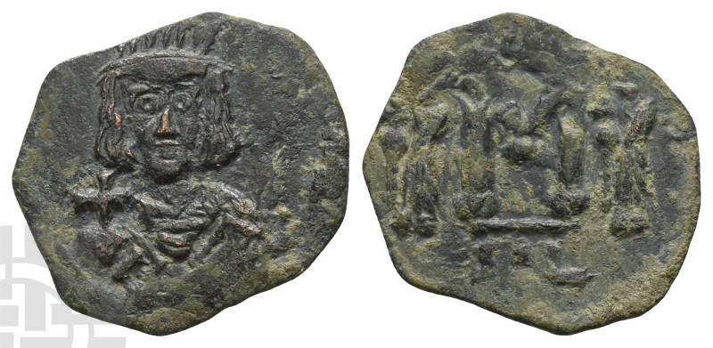 Constantine IV Pogonatus, with Heraclius and Tiberius AE 40 Nummi or Follis. AD ...