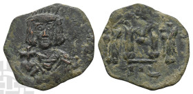 Constantine IV Pogonatus, with Heraclius and Tiberius AE 40 Nummi or Follis. AD 668-685. Syracuse mint. Struck AD 668-674.