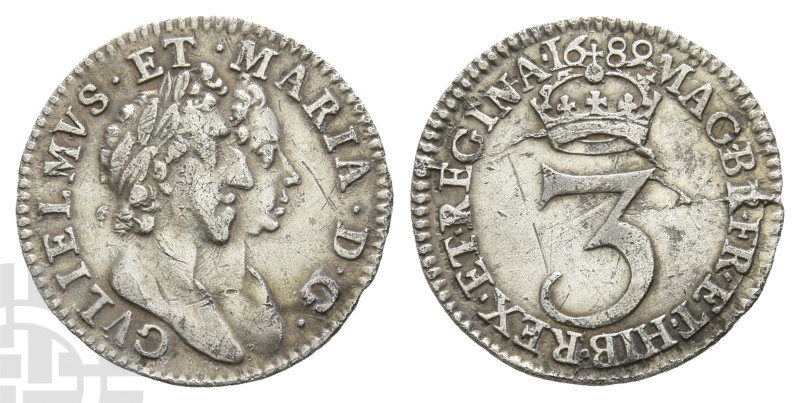 England. Stuart (Orange), William and Mary AR Threepence. 1689-1694. Dated 1689....
