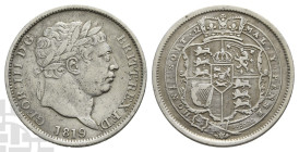 Great Britain. Hanover, George III AR Shilling. 1760-1820. London mint. Dated 1819. 'Bull Head' type. Last coinage. Engraved by Benedetto Pistrucci an...