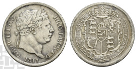 Great Britain. Hanover, George III AR Shilling. 1760-1820. London mint. Dated 1817. 'Bull Head' type. Last coinage. Engraved by Benedetto Pistrucci an...