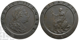 Great Britain. Hanover, George III CU Twopence. 1760-1820. Soho (Birmingham) mint. Dated 1797. 'Cartwheel' type. Design by Conrad Heinrich Küchler.