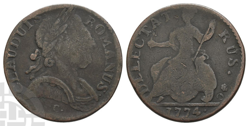 England. George III AE Evasion Halfpenny. 1760-1797. Dated 1774. Imitation of th...