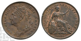 Great Britain. Hanover, George IV AE Farthing. 1820-1830. London mint. Dated 1822. Design by Benedetto Pistrucci.