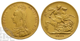Great Britain. Hanover, Victoria AV Sovereign. 1837-1901. London (Tower Hill) mint. Dated 1891. 'Jubilee Head' type; long tail. Designs by Joseph Edga...