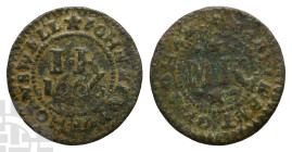 England. Cambridgeshire, Soham. Mary and John Kent AE Farthing. Dated 1666.