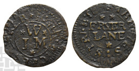 England. 'I W' of Fryer Lane, London CU Farthing Token. 1648-1672. London mint. Unpublished London Token