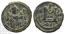 Pre-reform issues. Umayyad Caliphate AE Fals. Circa AD 661-697. Dimashq (Damascus) mint. Struck circa AD 685-693. Early Pseudo-Byzantine coinage.