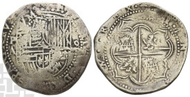 Bolivia, Colonial (as Alto Peru). Felipe II, King of Spain AR 8 Reales. 1556-1598. Potosí mint; uncertain date. Assayer A. Cob issue. From Atocha Ship...