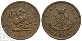 Canada, British Colonial. Bank of Upper Canada CU Penny. 1850-1857. Heaton (Birmingham) mint. Dated 1857. John Pinches, engraver. Design by Benedetto ...