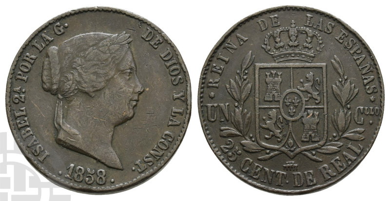 Spain. Isabel II AE 25 Cent de Real. Dated 1858. Design by Luis Marchionni Hombr...