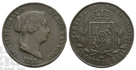 Spain. Isabel II AE 25 Cent de Real. Dated 1858. Design by Luis Marchionni Hombrón.