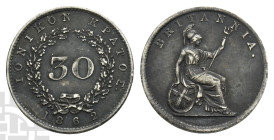 Greece. Ionian Islands, British Administration AR 30 Lepta. 1834-1862. London mint. Dated 1862.