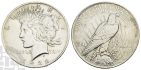 United States of America AR Dollar. Dated 1922. Philadelphia mint. Peace type. Design by Anthony de Francisci.