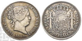 Contemporary Counterfeit Copy of Isabella II of Spain AR 20 Reales. Dated 1860.