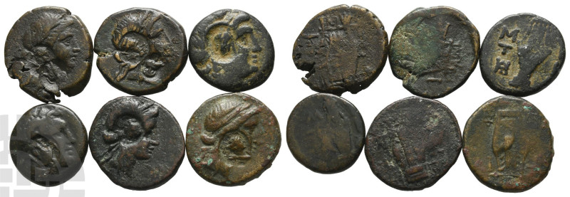 Group of Six [6] Lesbos, Mytilene Countermarked AE Coins. 3rd-1st century BC. 
...