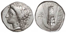 Estátera. 330-300 a.C. LUCANIA. METAPONTO. Anv.: Cabeza de Demeter a izquierda con espigas. Rev.: META. Espiga vertical con hoja a izquierda sobre est...