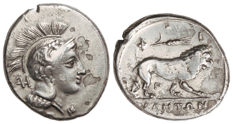 Didracma. 350-251 a.C. VELIA. LUCANIA. Anv.: Cabeza de Atenea a derecha con casc...