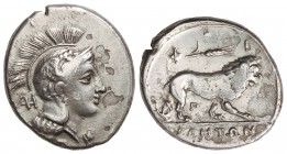Didracma. 350-251 a.C. VELIA. LUCANIA. Anv.: Cabeza de Atenea a derecha con casco laureado y alado entre AI - ¶. Rev.: YE¶HT¶N. León a derecha, encima...