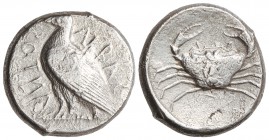 Tetradracma. 472-413 a.C. AKRAGAS. SICILIA. Anv.: AKRAC-ANTO¶. Águila en pie a izquierda con las alas cerradas. Rev.: Cangrejo. 16,30 grs. AR. Cy-711;...