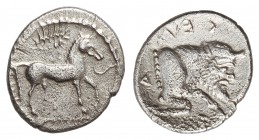 Litra. 480-470 a.C. GELA. SICILIA. Anv.: Caballo a derecha, encima corona. Rev.: CE¶A¶. Prótomo de toro androcéfalo a derecha. 0,75 grs. AR. Cy-No cat...