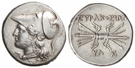 8 Litras. 215-212 a.C. SIRACUSA. SICILIA. Anv.: Cabeza de Atenea con casco corintio a izquierda. Rev.: ¶YPAKO¶I¶N. Fulmen alado horizontal, debajo YA¶...