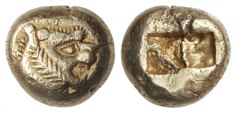 1/3 de Estátera. 650-561 a.C. LYDIA. Anv.: Cabeza de león a derecha con una prot...