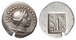1/4 de Dracma. 168-90 a.C. DISTRITO DE MASIKYTES. LICIA. Anv.: Cabeza de Artemisa a derecha. Rev.: ¶-Y-M-A. Carcaj dentro de cuadrado. 0,80 grs. AR. C...