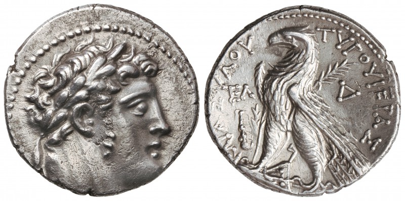 Tetradracma. 126 a.C.-65 d.C. TIRO. FENICIA. Anv.: Cabeza de Melkart a derecha l...
