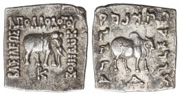 Dracma. 160-150 a.C. APOLLODOTOS I. BACTRIA. PANJHIR. Anv.: Elefante a derecha y monograma PK, alrededor leyenda. Rev.: Toro a derecha, debajo A¶en mo...